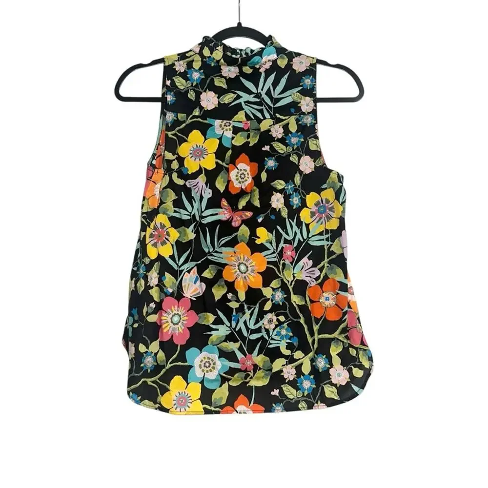 J. Crew Liberty Print Black Floral Print Ruffle Neck Sleeveless Top 0